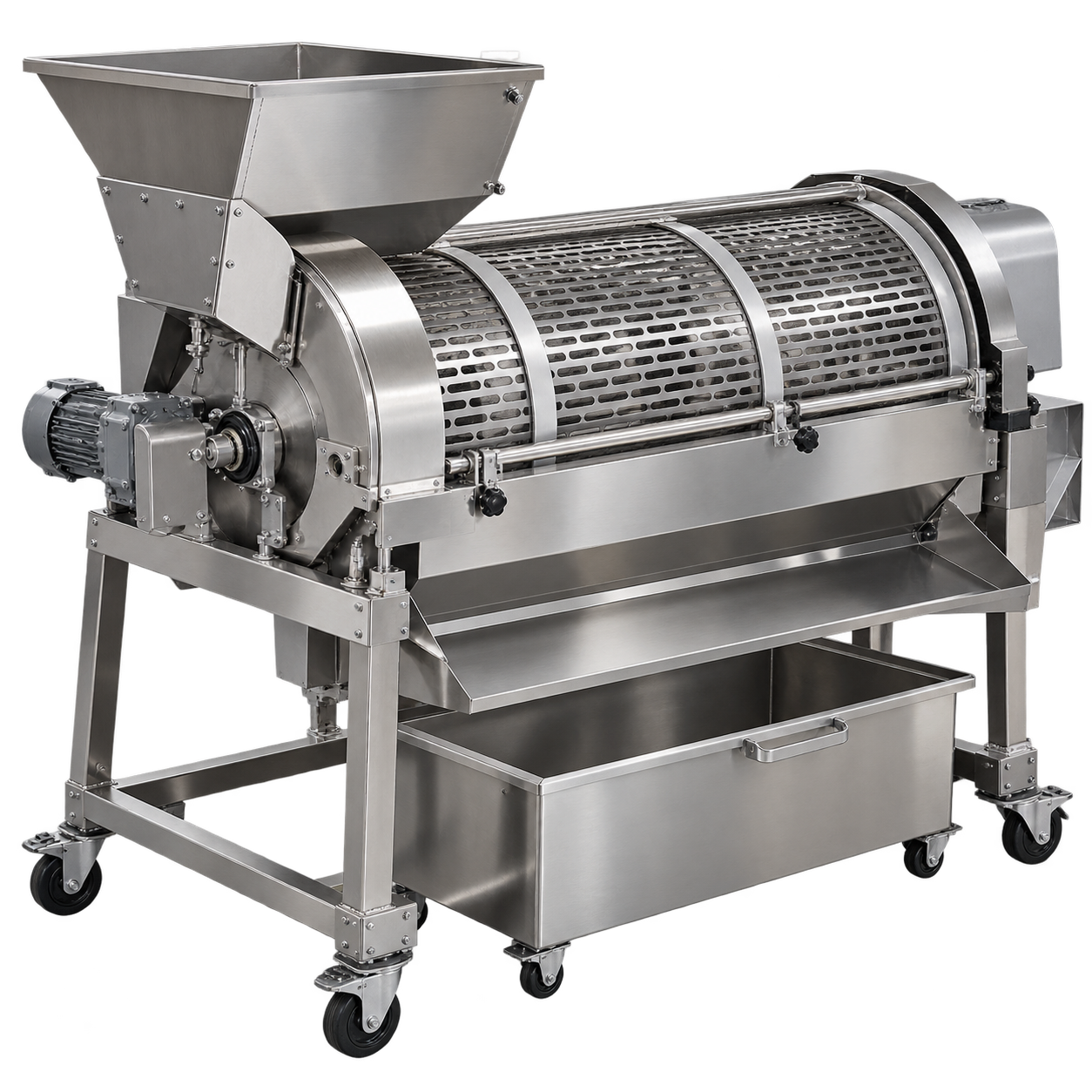 Industrial stainless-steel processing machine with loading hopper and rotating drum